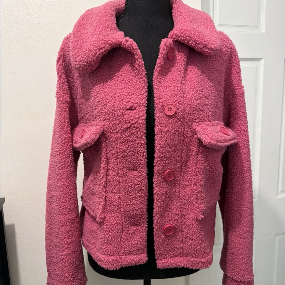 Women's Pink Sherpa Button-Up Jacket